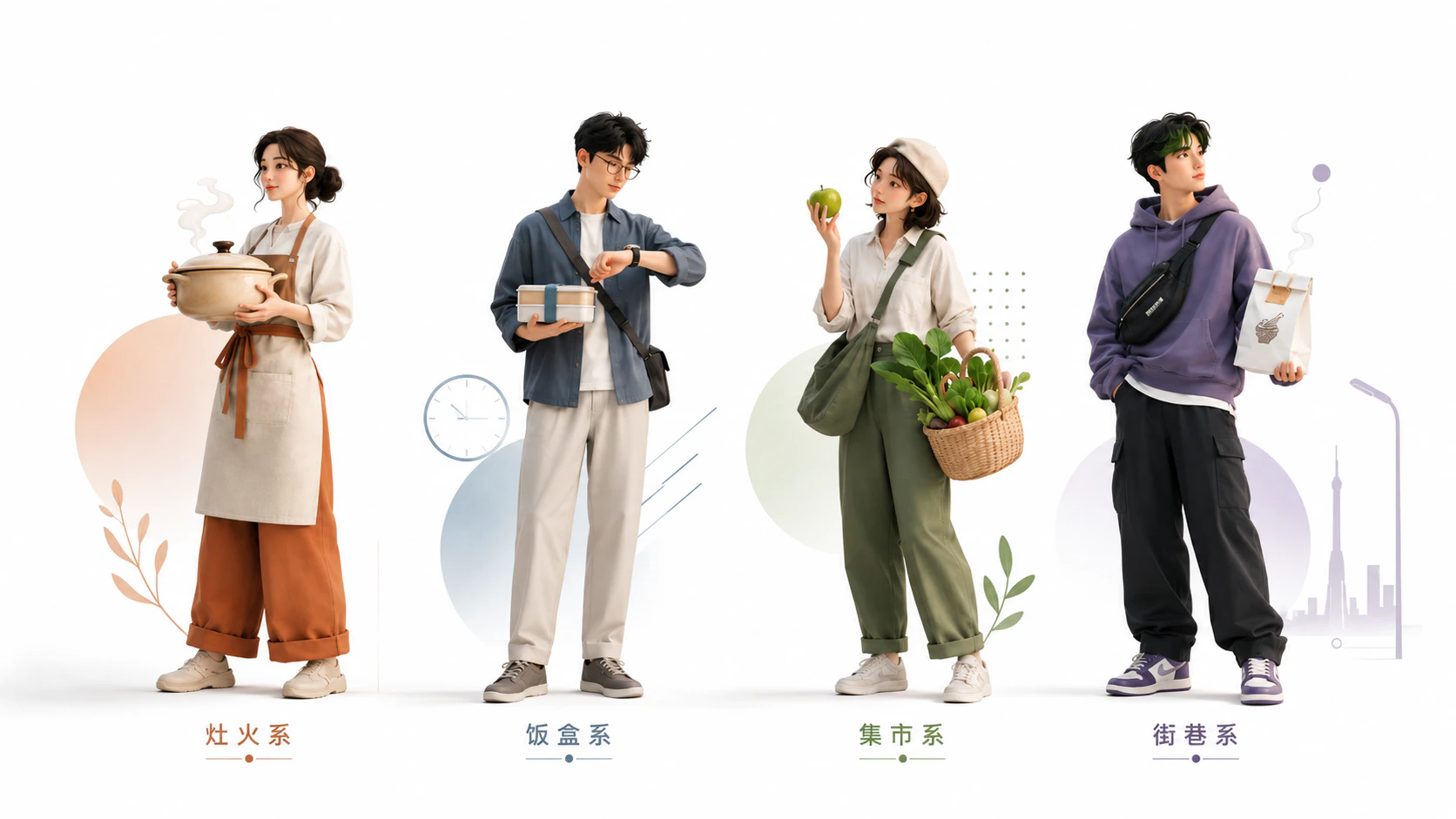 灶火系、饭盒系、集市系、街巷系四个食格家族人物